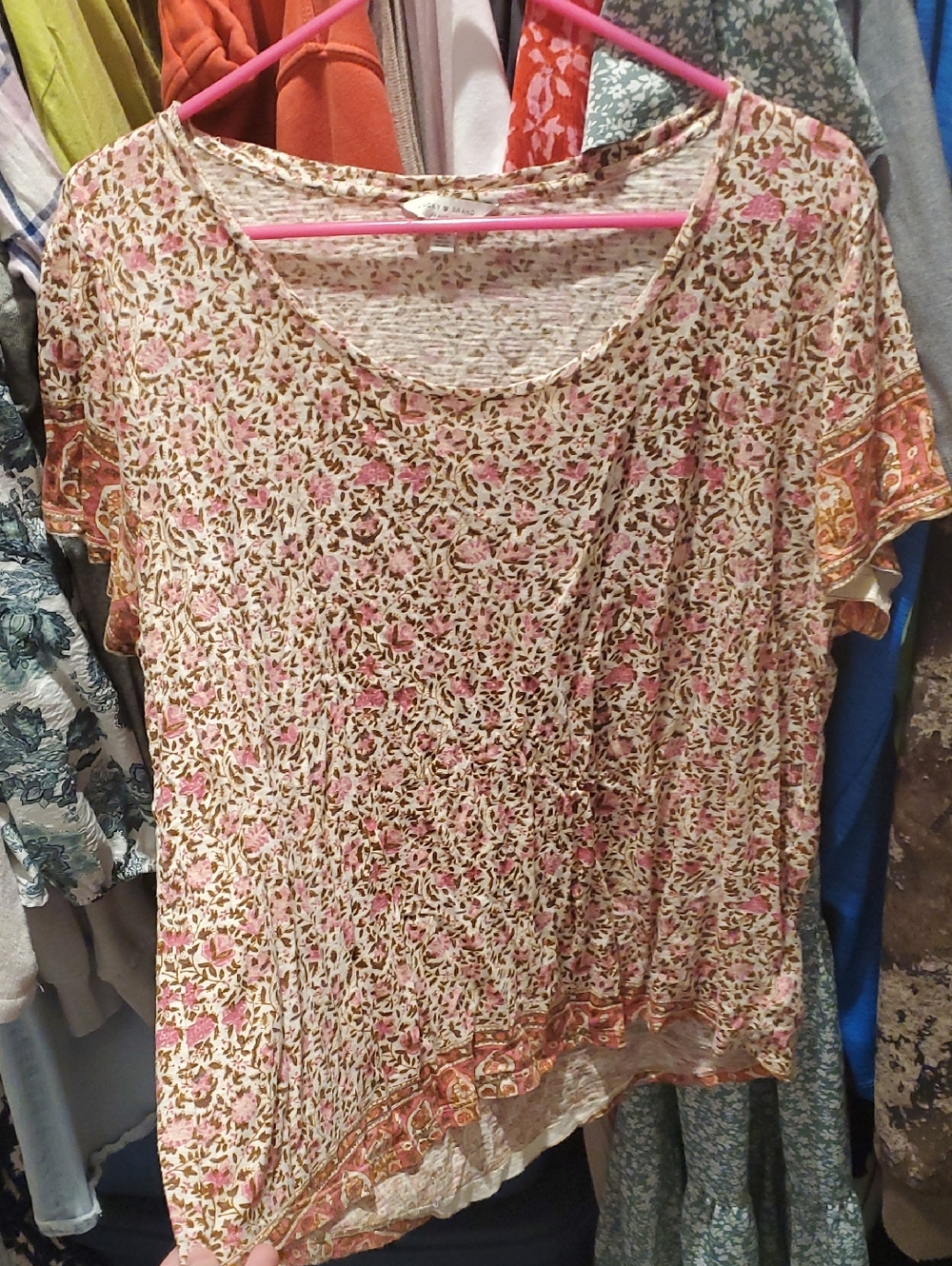 Lucky Brand Pink Floral Scoop Neck Short Sleeve Top